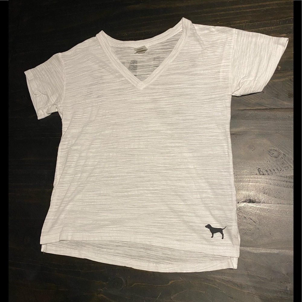 Pink white T-shirt.